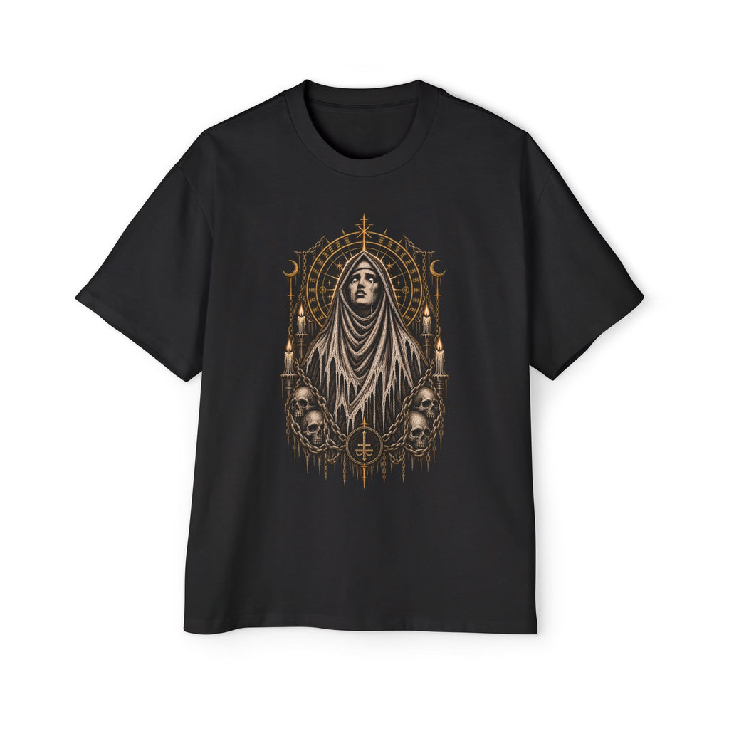 Occult Gothic Tee — Hooded Saint with Skulls Graphic T-Shirt