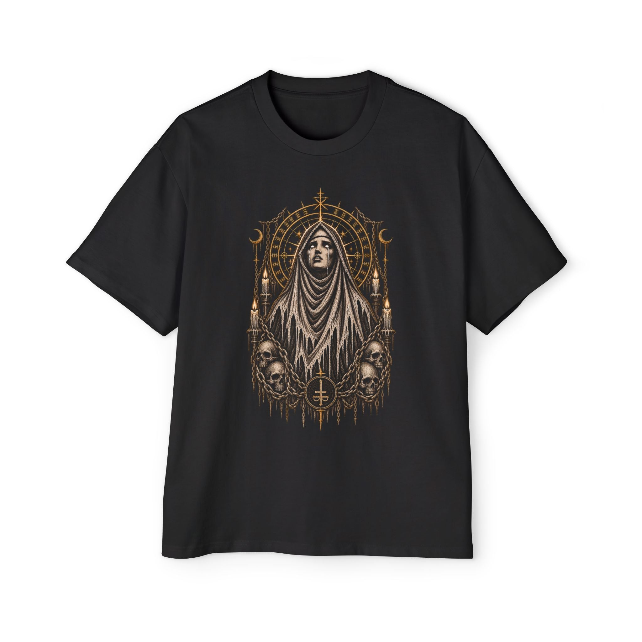 Occult Gothic Tee — Hooded Saint with Skulls Graphic T-Shirt
