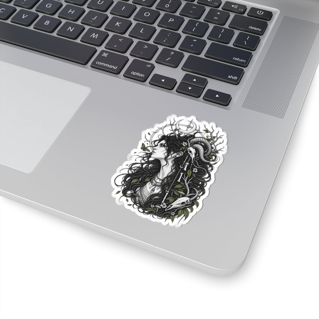 Gothic Nature Woman Kiss-Cut Sticker — Dark Botanical Art Decal