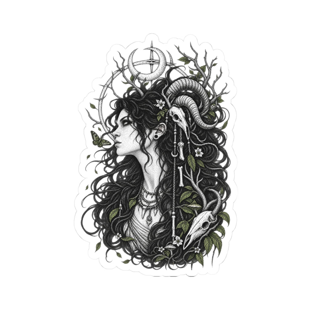 Gothic Nature Woman Kiss-Cut Sticker — Dark Botanical Art Decal