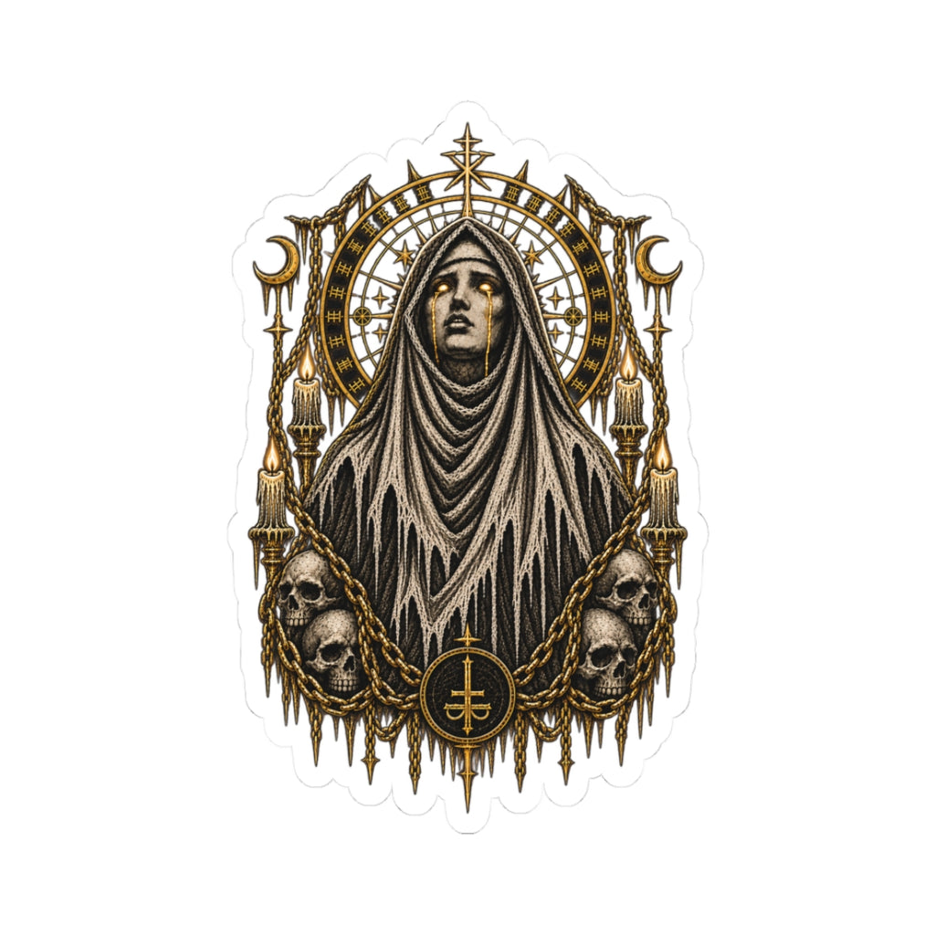 Gothic Nun & Skulls Kiss-Cut Sticker — Occult Vintage Emblem