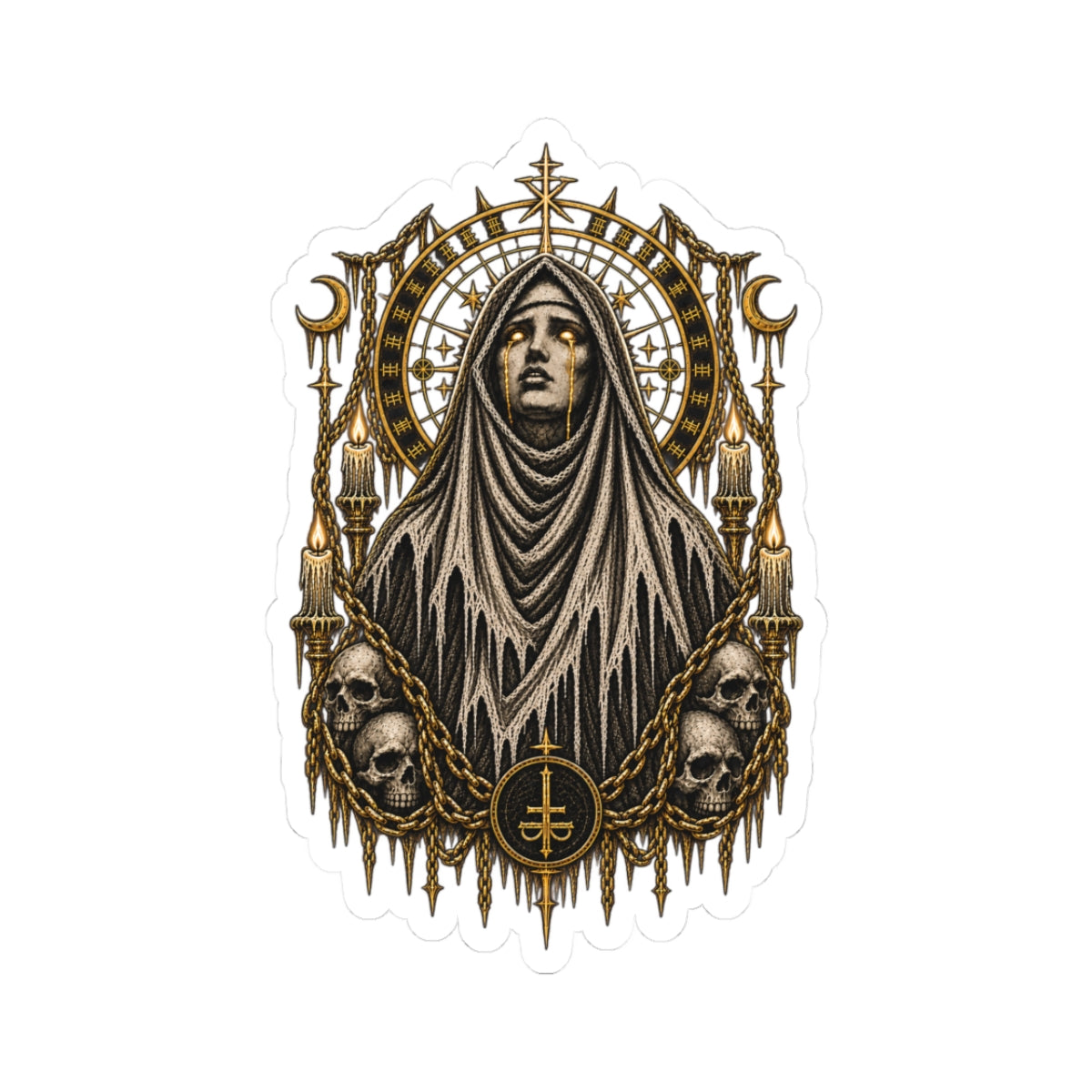 Gothic Nun & Skulls Kiss-Cut Sticker — Occult Vintage Emblem