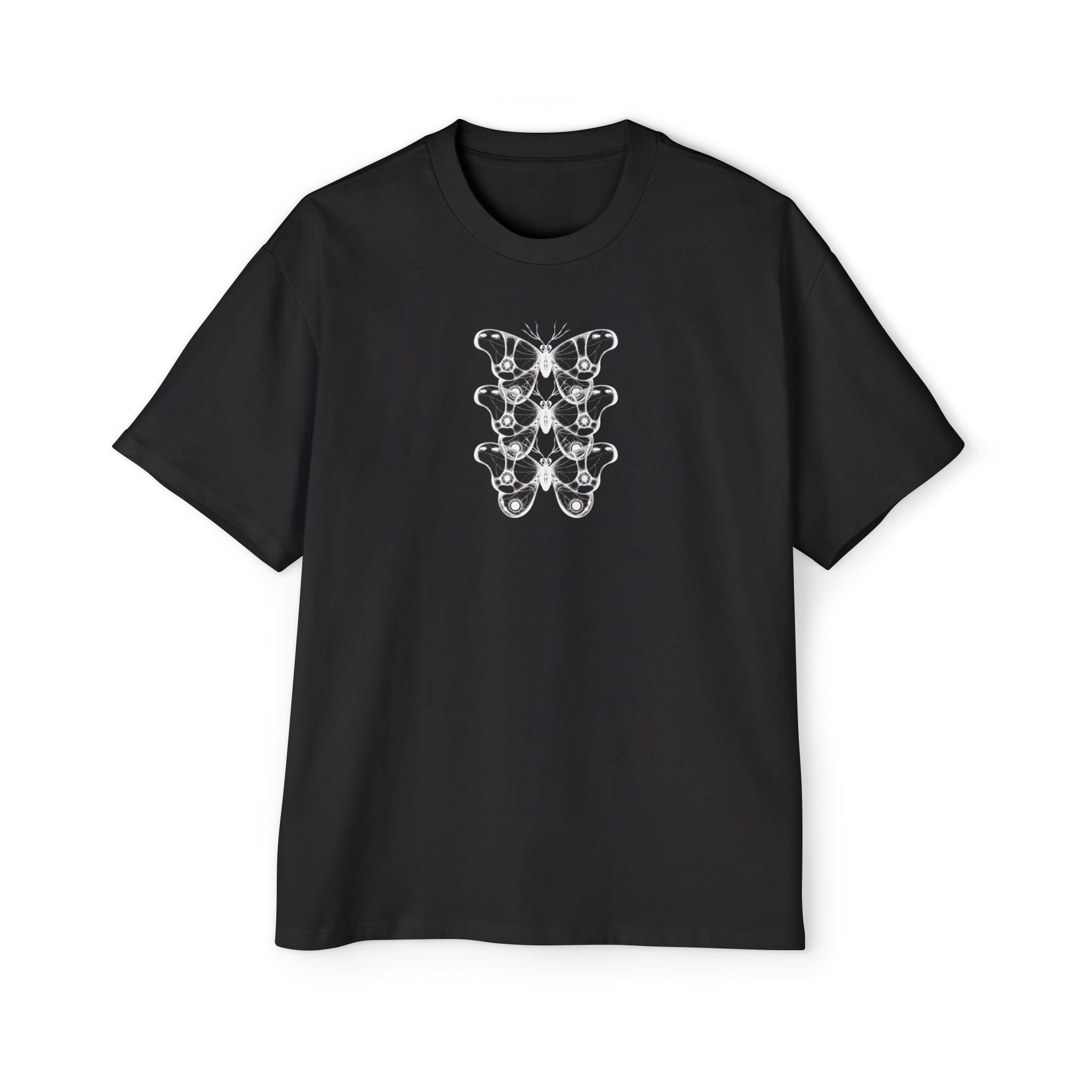 Butterfly Stack Graphic Tee — Minimalist Black Floral Chest Print
