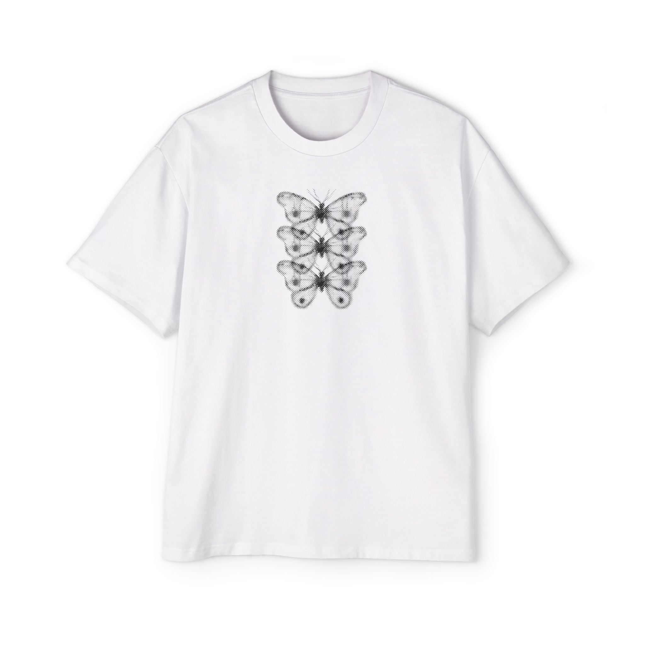 Butterfly Stack Graphic Tee — Minimalist Black Floral Chest Print