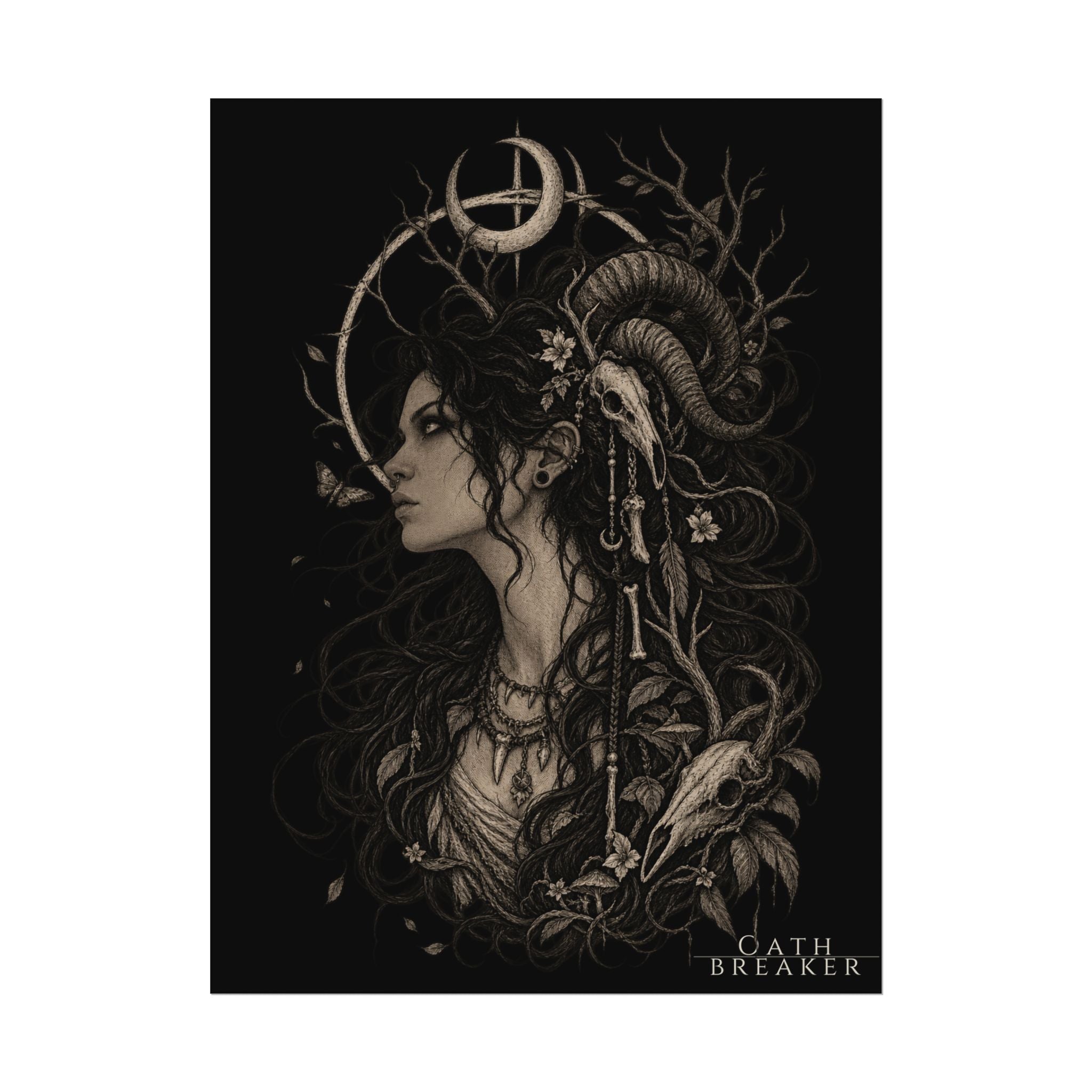 Gothic Moon Goddess Matte Poster — Textured Watercolor Oathbreaker Art