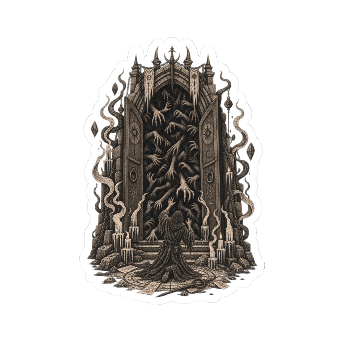 Gothic Portal Kiss-Cut Sticker — Dark Fantasy Doorway Illustration