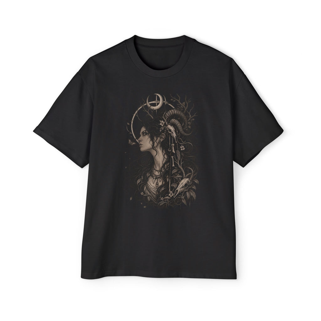 Occult Goddess Graphic Tee — Moon & Horned Headdress Oversized T-Shirt