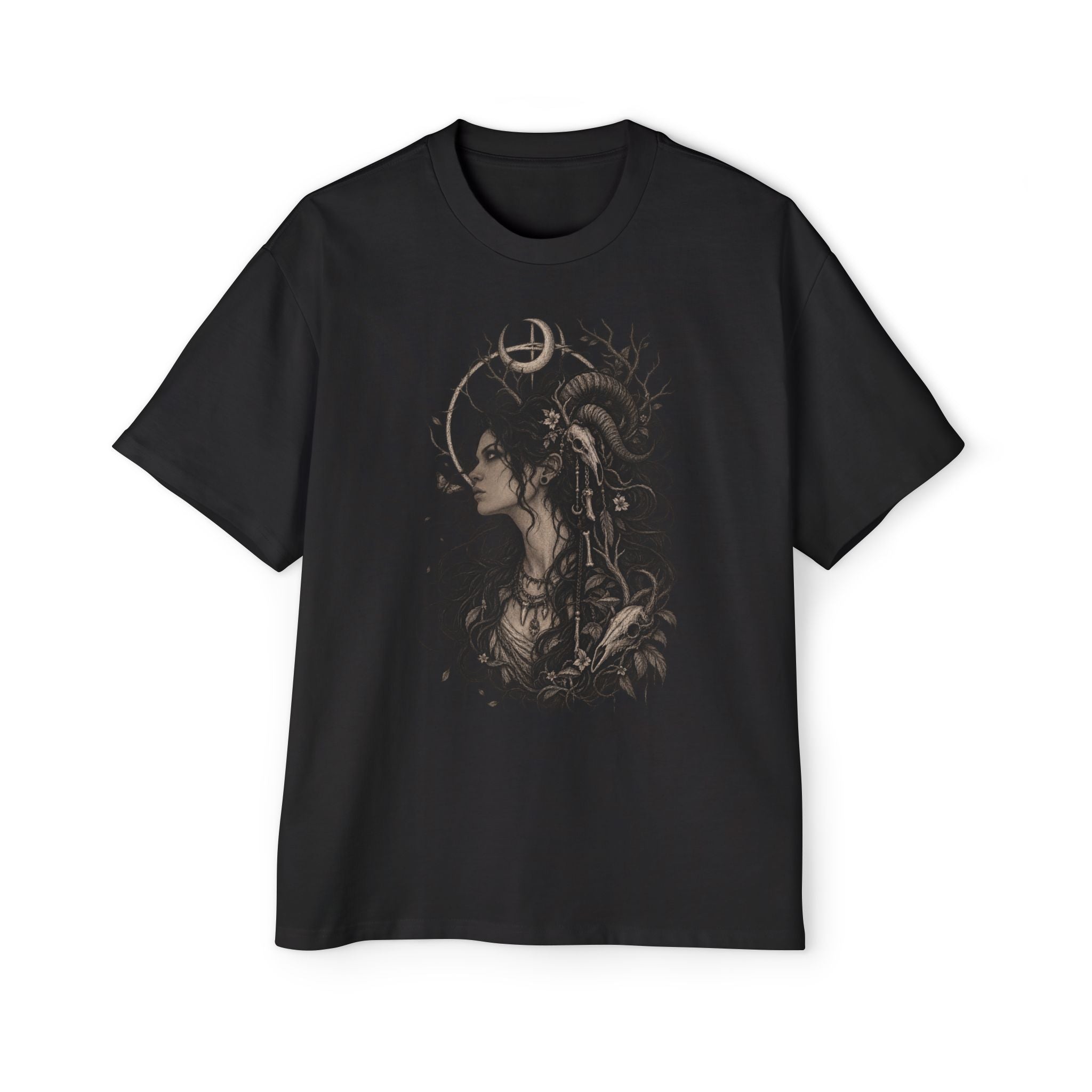 Occult Goddess Graphic Tee — Moon & Horned Headdress Oversized T-Shirt