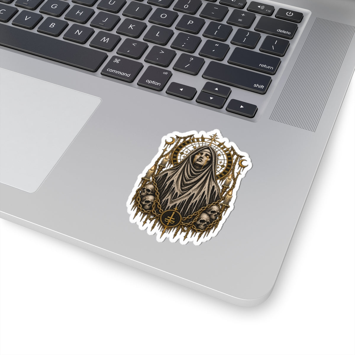 Gothic Nun & Skulls Kiss-Cut Sticker — Occult Vintage Emblem