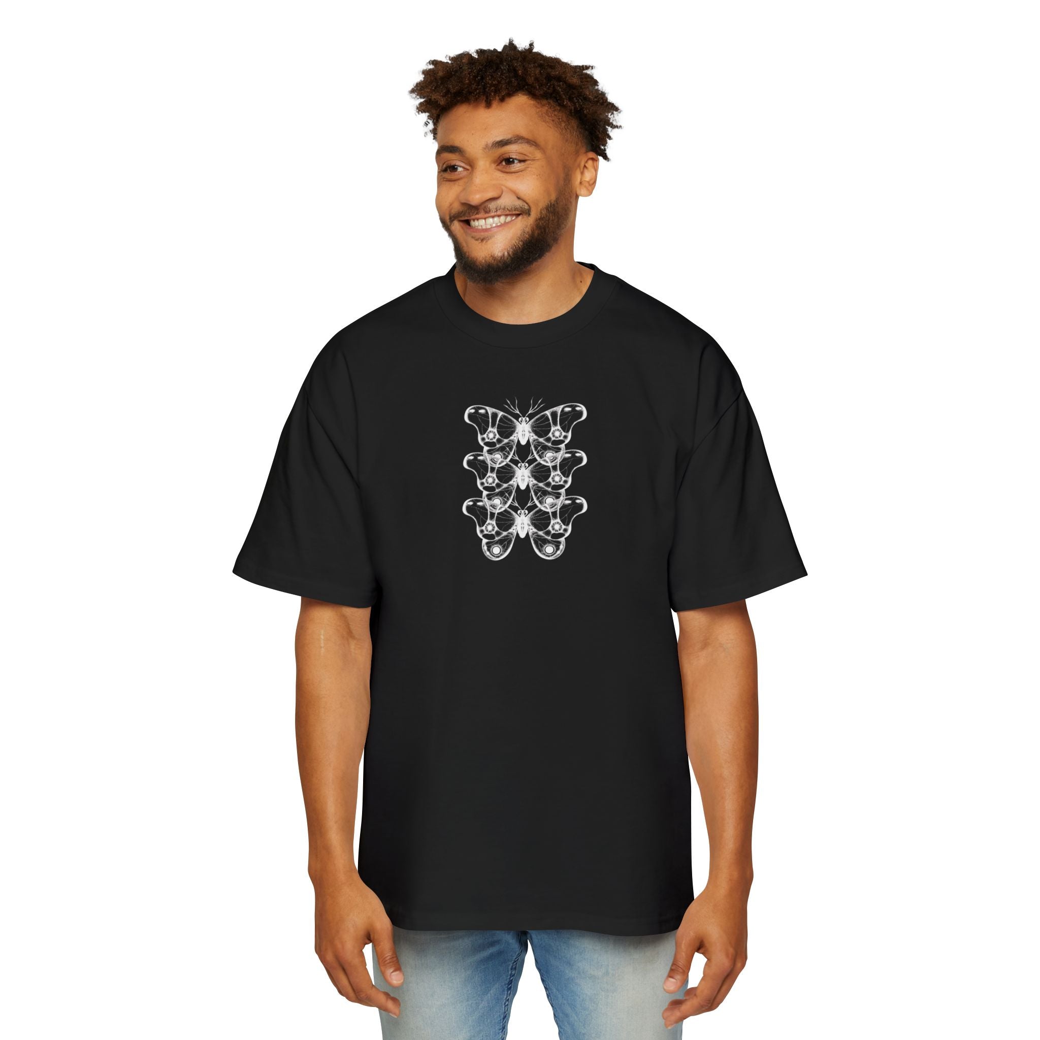 Butterfly Stack Graphic Tee — Minimalist Black Floral Chest Print