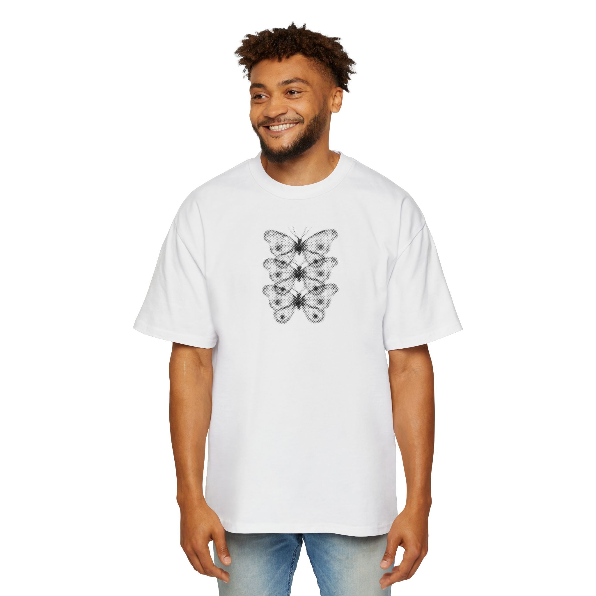 Butterfly Stack Graphic Tee — Minimalist Black Floral Chest Print