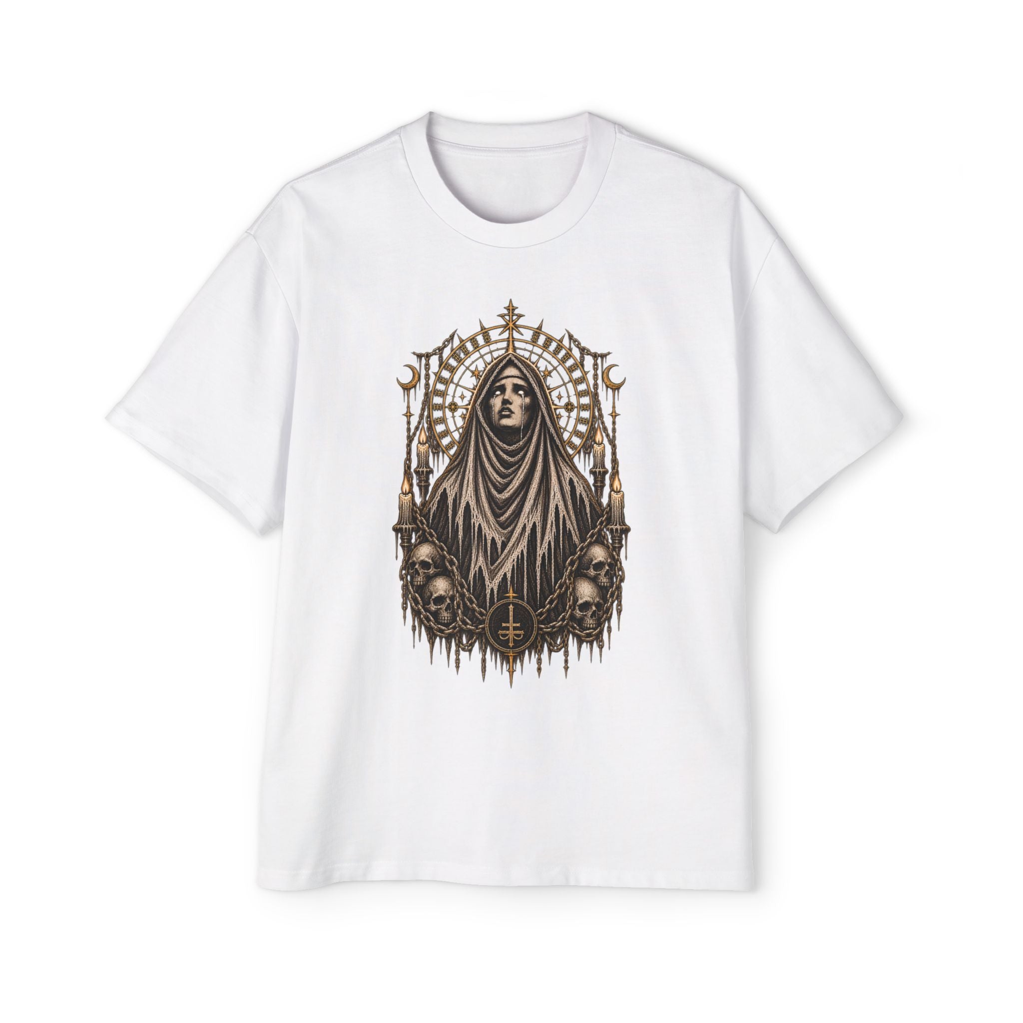 Occult Gothic Tee — Hooded Saint with Skulls Graphic T-Shirt